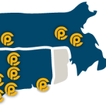 map of Massachusetts and Connecticut with pins pointing out Porter and Chester Institute locations