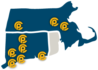map of Massachusetts and Connecticut with pins pointing out Porter and Chester Institute locations